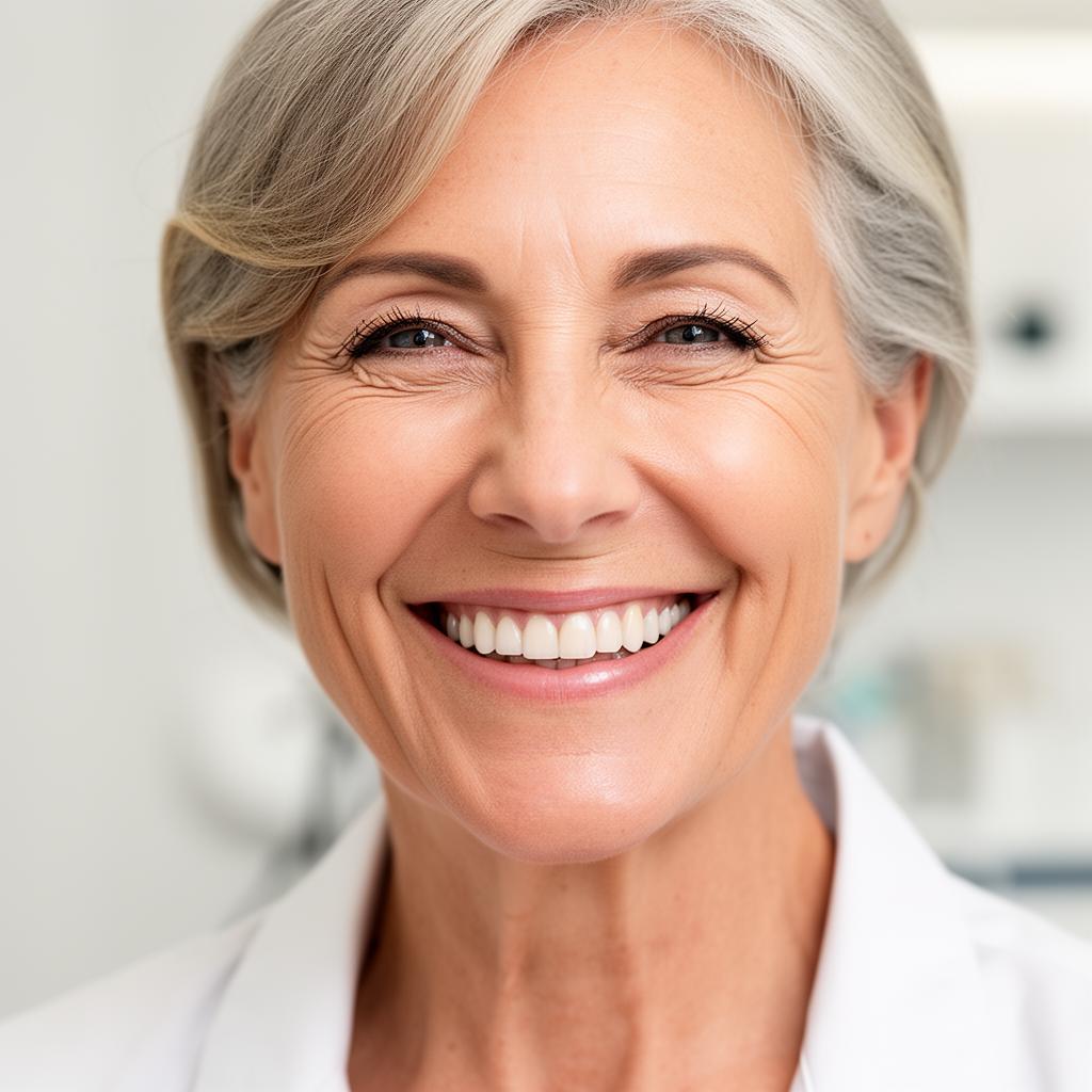 Paciente sorrindo após reabilitação com prótese fixa